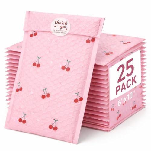 Cozymood Bubble Mailers 6x10 25 Pack Pink Custom Designer Shipping Envelopes Mailing Self Seal Adhesive Waterproof Padded for Valentines Day Gifts Packaging, Mailing, Small Business Bulk, Cherries