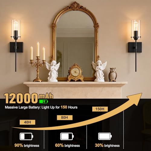 Image of Battery Operated Wall Sconce Glass Wireless Sconce Set of 2 Black | Wall Sconces Rechargeable with Remote Control Dimmable Wall Light for Bedroom Living Room Hallway Entryway, 3000-6500K