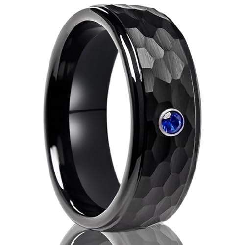 Tungsten Carbide Rings for Men Women 8mm Black Hammered Inlaid with Blue Zirconia Men's Engagement Wedding Bands Matte Brushed