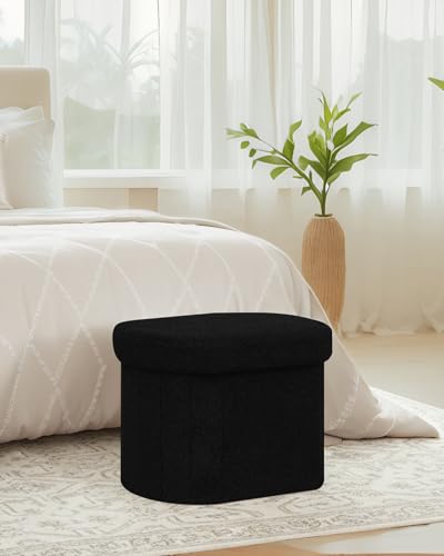 Image of B FSOBEIIALEO Storage Ottoman for Dorm Room, Boucle Folding Storage Ottoman Foot Rest, 16.14 Inches Small Collapsible Ottoman Cube for Living Room Black