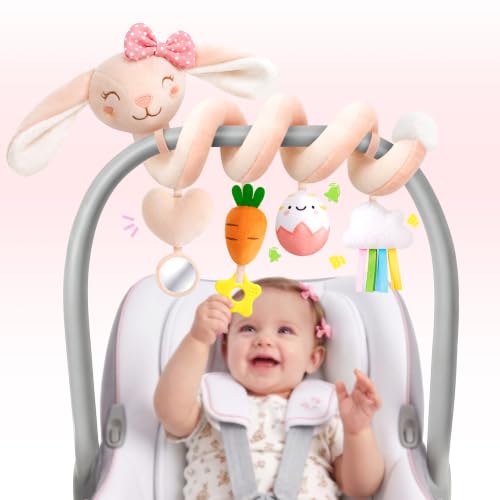 Image of Stuffed Pink Bunny Spiral Car Seat Toys for Baby Girls 0-6 Months, Infant Stroller Toy with Plush Carrot & Star Teether Hanging, Baby Registry Search & Shower Gifts for Newborn Girls
