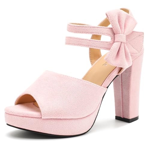 fereshte Women's Bow Chunky Heel Sandals Platform Peep Toe Ankle Strap Slingback Dress Shoes