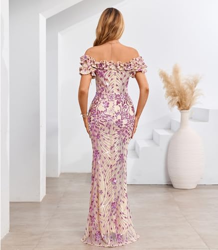 Image of dasmzper Women Sexy Sequin Off Shoulder Ruffle Short Sleeve Bodycon Mermaid Party Formal Evening Maxi Dress