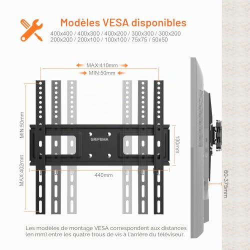 Fixation murale TV inclinable et extensible supportant 35KG max - 2