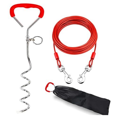 Graootoly Cable de amarre para perro y estaca roja de 16 pulgadas, espiral reflectante para hasta 125 libras
