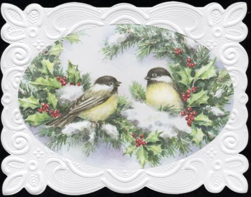 Image of Poster Foundry Christmas Holiday Chickadee Birds Boxed Note Cards by Carol Wilson. 10 embossed 4x5 Die-Cut Notecards and Matching Envelopes in Decorative Gift Box with Magnetic Flap. NCPX2043