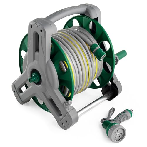 Garden Hose Reel 25M (ø 15 mm), 2-in-1 as Free Standing or Wall Mounted Garden Hose, Complete with Hose Guide, Nozzle and Fittings, Robust Frame for Stability, Compact Hose Reel Flexibility Use