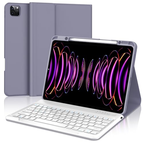 WAVATA Funda Teclado para iPad Pro 12.9'', Español Ñ Tecla para iPad Pro 12.9 Pulgadas 6/5/4/3 Generación, Teclado Bluetooth Desmontable para Air 13'' M2 2024, Lavanda