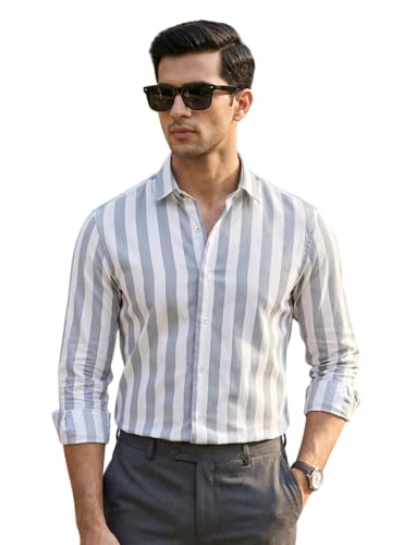 Image of IndoPrimo Men's Striped Cotton Shirt | Slim Fit Stylish Casual Shirt for Man | Full Sleeve Summer Wear Vertical Stripe Shirt for Office, Vacation