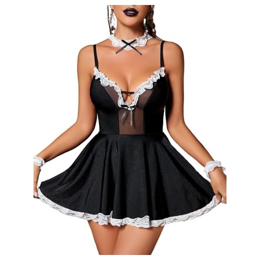 Avidlove Maid Outfit for Women Cosplay Lingerie 4 Pack Lace Trim Mesh Thong Halloween Babydoll Lingerie Costume Dress (Black,M)
