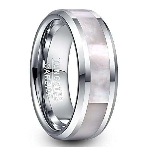 Vakki 8mm Tungsten Carbide Wedding Engagement Band Ring with Mother of Pearl Shell Inlay Beveled Edge Size 8