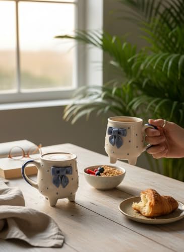 Image of Ceramic Blue Bow Cup with Legs | Cute Designer Coffee Mug | Handcrafted Aesthetic Tea Cup | Microwave & Dishwasher Safe | Unique Gift Mug for Girls & Special Occasions
