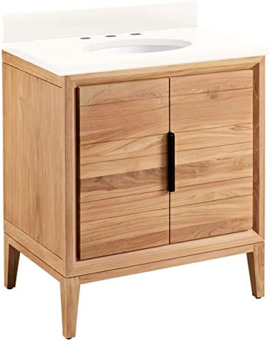 Signature Hardware 459152 Aliso 30" Free Standing Single Vanity Set with Teak Cabinet, Vanity Top, and Oval Undermount Sink - 8" Faucet Holes - Natural Teak/Arctic White