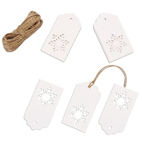 Whaline 100Pcs Snowflakes Paper Tags Christmas Kraft Gift Tags Hang Labels with 30 Meters Twine for DIY Arts and Crafts,Holiday Gift Favor (White)