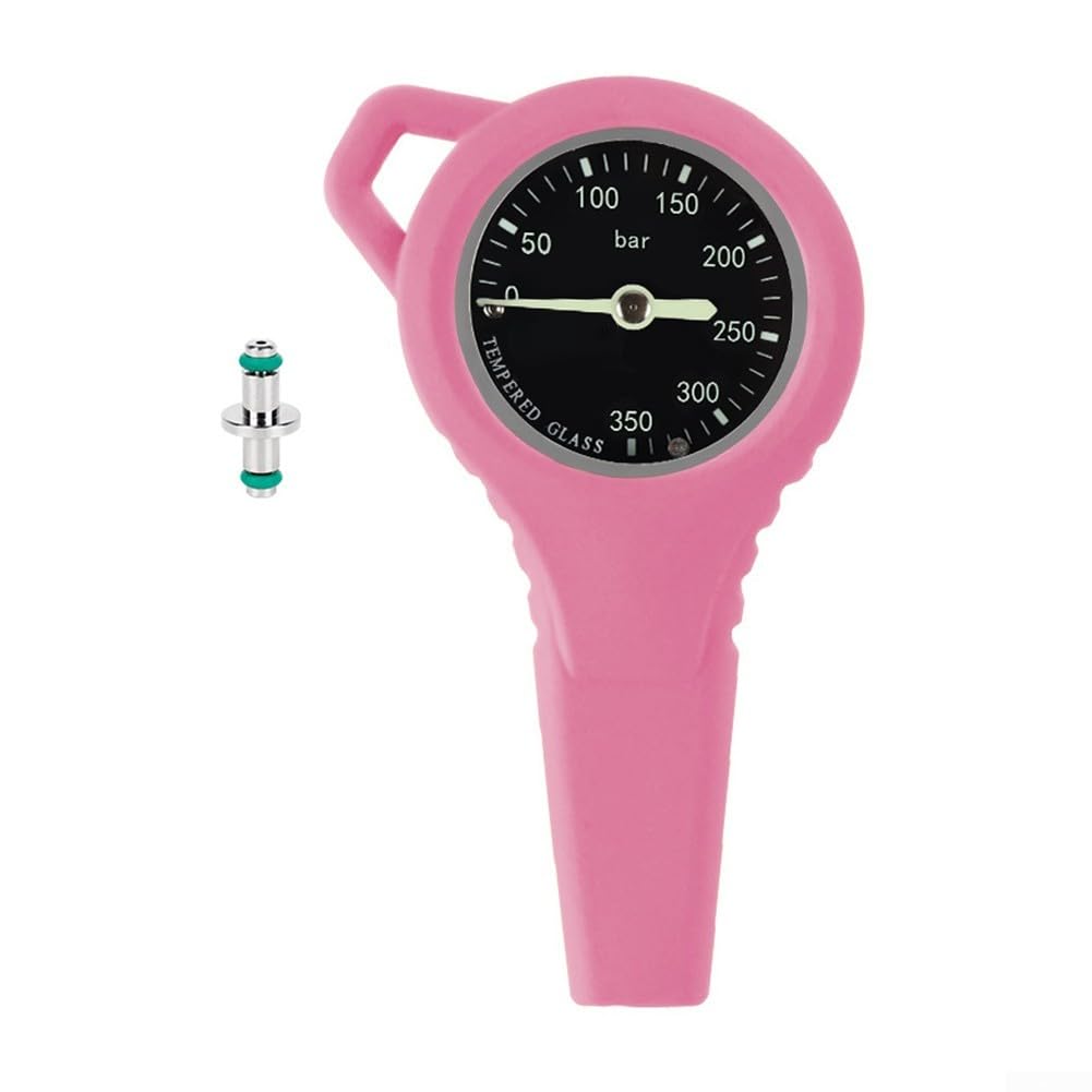 Medidor de presión de buceo con manguera tejida de fibra de carbono (rosa) | Rosca 7/16-20UNF, luminosa para esfera para agua oscura, rotación de 360 grados, alta estabilidad de hasta 300 bares