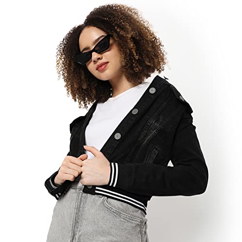 Image of Campus Sutra Women Black Regular Fit Denim Jacket For Winter Wear | Collared Neck | Full Sleeve | Buttoned | Casual Jacket For Woman & Girl | Western Stylish Jacket For Women