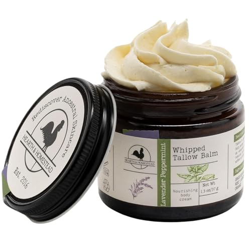 Image of Hearth & Homestead Whipped Beef Tallow for Skin - 100% Grass Fed, Eczema Cream & Body Butter - Organic Olive Oil, Calendula & Rose - Lotion & Hand Moisturizer for Dry Skin, Lavender Peppermint, 1.3oz