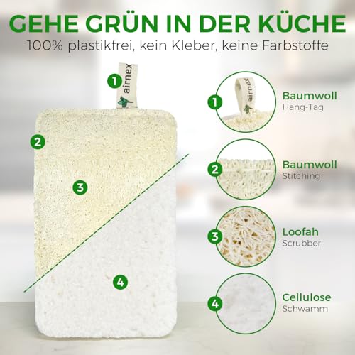 AIRNEX Natürlicher Luffa Spülschwamm – Kompostierbarer und Zellulose-Küchenschwamm 6er Set- Plastikfreier, Kratzfreier Luffa Geschirrschwamm – Geruchsfreier, Biologisch Abbaubarer Abwaschschwamm