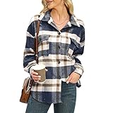 Durio Hemdjacke Damen Kariert Shacket mit Karo Langarm Karohemd für Frauen Oversize Bluse Übergangsjacke Navy Blau L