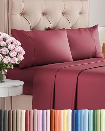 Twin 4 Piece Sheet Set - Comfy Breathable & Cooling - Ultra Soft Hotel Luxury Bedding Set w/ 8-16 Inch Deep Pockets - 1 Flat & 1 Fitted Sheet & 2 Pillowcases - Wrinkle Free and Easy Care - Burgundy