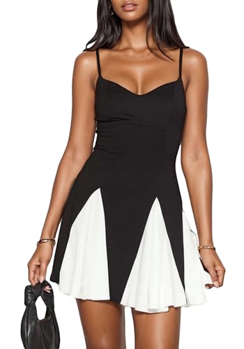 Women's Spaghetti Strap Mini Dress Color Block Pleated A line Flowy Sexy Casual Party Prom Summer Short Dresses