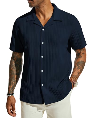PJ PAUL JONES Mens Casual Shirts Short Sleeve Button Down Shirts Regular Fit Dress Shirts Navy Hawaiian Shirts