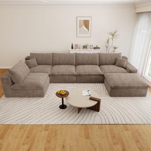 Image of 136 inch Cloud Couch Modular Sectional Sofa for Living Room, U-Shape Boneless Couch with Deep Seat, Modern Corduroy 5-Seater with Ottoman, No Assembly Required, Camel