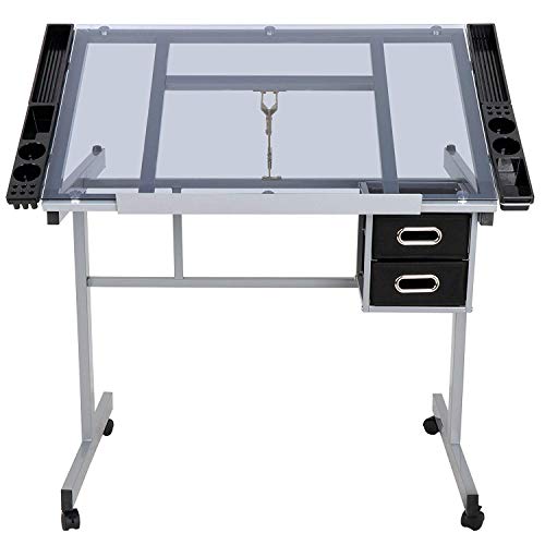 BBBuy Adjustable Drafting Table Drawing Desk Craft Station Drafting Desk Glass Top w/2 Slide Drawers and Wheels for Drawing, Writing, Painting Home Office - Thumbnail 7