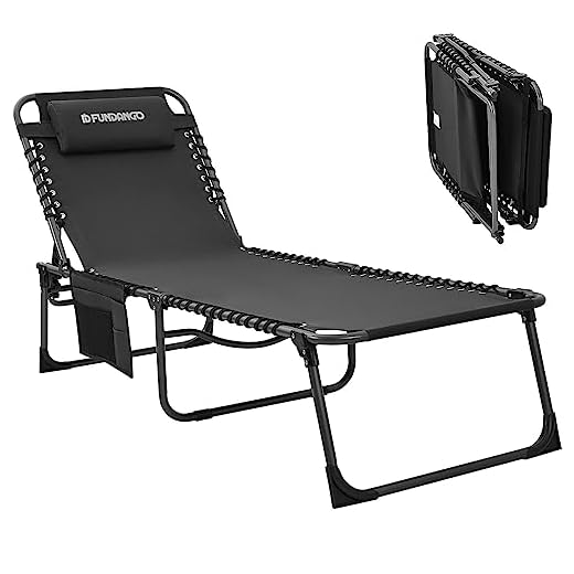 FUNDANGO Folding Outdoor Chaise Lounge Chair, 5-Position Adjustable Lounge Chair for Lawn, Patio, Beach, Sunbathing, Deck, Portable Heavy-Duty Camping Reclining Chair with Pillow, Black