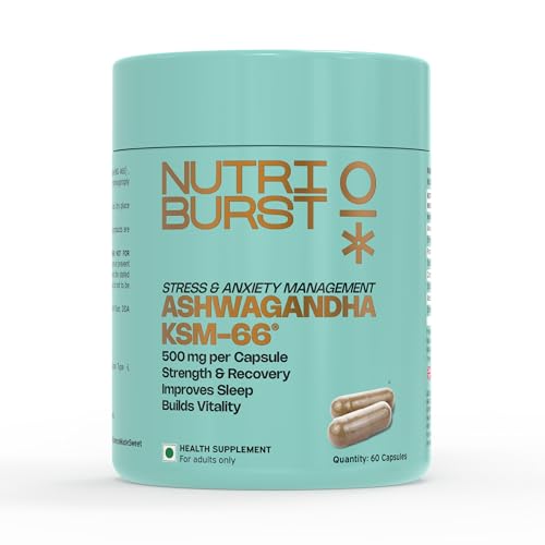 Image of Nutriburst Ashwagandha KSM-66 (500mg) | Extra Strength Ashwagandha Supplement for Men & Women | Supports Stress Relief, Stamina, Anxiety & Sleep | Muscle Recovery & Vitality Booster | 60 Veg Capsules (2 - Month Pack)