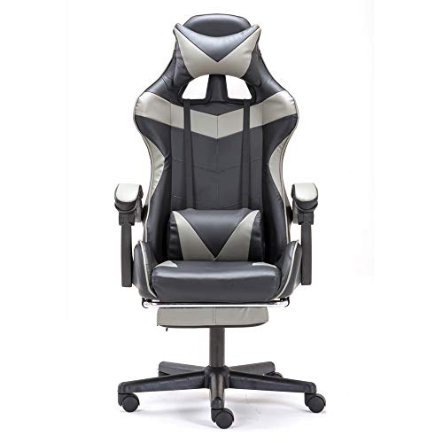 Soontrans Chaise de Gaming Ergonomique Fauteuil Gamer Dossier Hauteur Réglable en Cuir PU Fauteuil de Bureau Racing Inclinable Chaise de Gamer avec Repose Tête Coussin Lombaire (Gris)