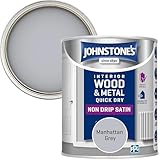 Johnstone's - Wood & Metal Paint - Satin Finish - Manhattan Grey - 750ml- Water Based - Non Drip & Quick Drying - Radiator Paint - Low Odour - Dry in 1-2 Hours - 8m2 Coverage per Litre