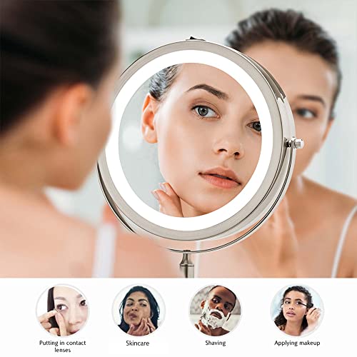 Image of OVENTE Wall Mounted Lighted Makeup Mirror, 9 inch Double Sided 1X /7X Magnifying Vanity Mirror for Bathroom with LED Lights, Cordless, 360 Rotation and 13 inch Extendable Arm, Nickel Brushed MFW85BR1X7X