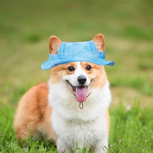 Sonnenhut für Hunde, verstellbar, Prinzessinnenhut mit Ohrlöchern, runde Krempe, Fischerhut für Welpen, kleine Hunde, Katzen, Outdoor-Sport, Blau, Größe L
