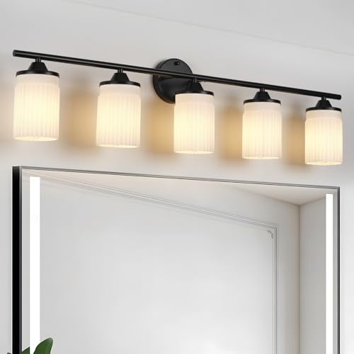 Image of Jonsi Black Bathroom Light Fixtures 5-Light Vanity Lights Modern Wall Sconce with Milk White Shade Brushed Brass Bathroom Light Fixture Over Mirror for Bedroom Hallway Kitchen