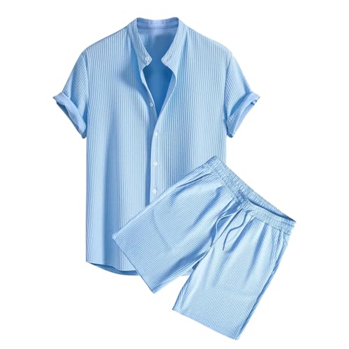 Dmmtot Conjunto de 2 piezas de verano para hombre, pantalones cortos y camisas acanaladas con botones, camisas de manga corta, cintura elástica, pantalones cortos con cordón y bolsillos, elegante,