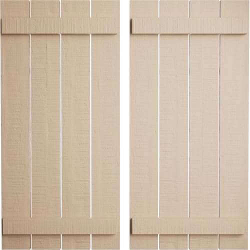 Ekena Millwork 23 1/2"W x 52"H Rustic Four Board Spaced Board-n-Batten Rough Cedar Faux Wood Shutters (Per Pair), Primed Tan
