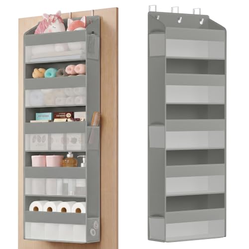 SONGMICS Over-the-Door Organizer, 5-Tier Door Hanging Storage Shelf, Heavy-Duty Closet Hanging Organizer Foldable, Transparent, Pockets, Metal Hooks, Dove Gray URDH010GD01 by SONGMICS - Used condition - CA$21.86