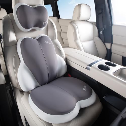 Image of 3 PCS Seat Cushion for Carseat Lumbar Support Pillow Car Neck Headrest Pillows Ultrathick Memory Foam Seat Pads Pressure Relief Back Cushion for Office Chair(Beige Grey)