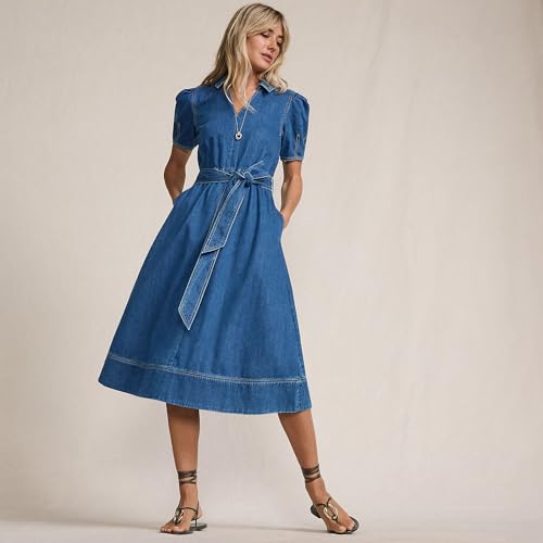 Lands' End Women's Soft Denim Puff Sleeve Midi Dress4