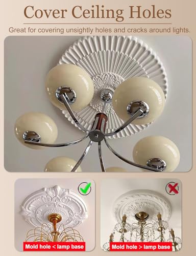 Medallón decorativo de techo floral de 40 cm en poliuretano blanco para lámparas y ventiladores 5