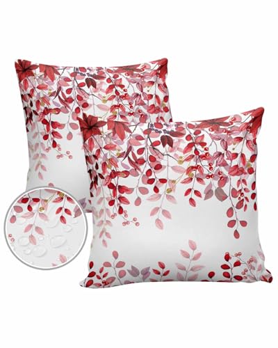 Red Eucalyptus Leaves Outdoor Pillow Covers Waterproof, All Weather Cushion Case Set of 2, Abstract Minimalist Plant Art Decorative Pillowcases for Sofa Couch Bed Decor Patio Furniture 20