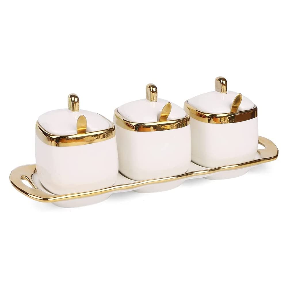 PPcdfre 3Pcs Ceramic Condiment Pots Porcelain Sugar Bowls Decorative Gold Salt Containers Pepper Boxes Kitchen Spice Jars,A