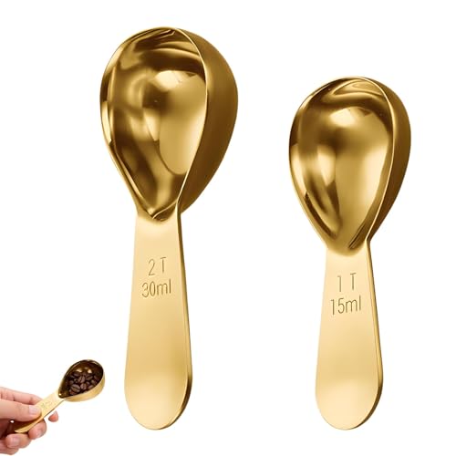 2 Pcs Golden Coffee Scoop for Ground Coffee, Tablespoon Measuring Spoons 15ml 30ml Stainless Steel Measuring Spoon Clear Scale, Suitable for Measuring Beans Tea Powder and Sugar