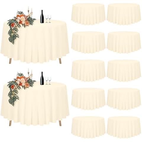 Teruntrue 12 Pack Beige Round Tablecloth 90 inch, Waterproof Beige Tablecloths for Round Tables,Polyester Stain Resistant Washable Round Table Cover in Bulk for Wedding Party Buffet Camping Cover