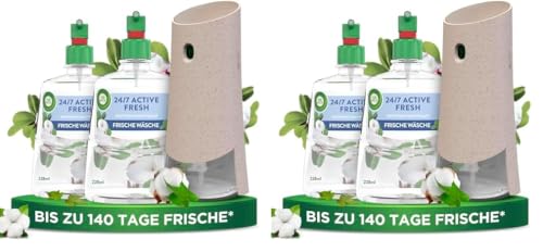 Air Wick Active Fresh – Starter Set – Aeorosolfreier, automatischer Lufterfrischer – Raumduft Frische Wäsche – 1 x 228 ml Nachfüller + Gerät (Packung mit 2)