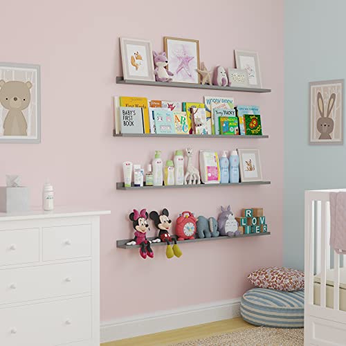 Wallniture Denver 46" Floating Shelves For Wall, Floating Bookshelf For Kids Room, Gray Kids Room Shelves, Wall Bookshelf For Living Room Decor, Nursery Shelves, Picture Ledge Shelf Set Of 4 #TOP3