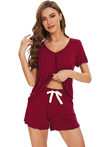 Image of WiWi Womens Pajamas Set Bamboo Viscose Super Soft Short Sleeve Top Ruffle Shorts Sleepwear Cooling Pj Sets S-XXL