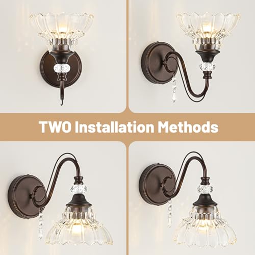 Image of 1 Piece Oil Rubbed Bronze Finish Wall Sconce, 1-Light Modern Wall Sconce with Hanging Crystal Accents and Flower-Shaped Clear Shades for Bathroom Bedroom Living Room,Modern Vanity Light
