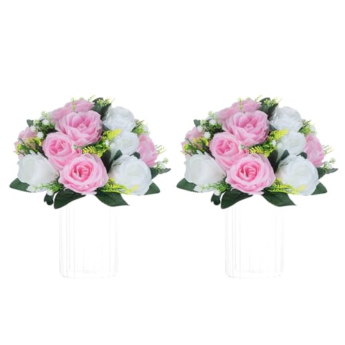NUPTIO Pcs of 2 Fake Flower Ball Arrangement Bouquet,15 Heads Plastic Roses with Base, Suitable for Our Store's Wedding Centerpiece Flower Rack for Parties Valentine's Day Home Décor (Pink & White)